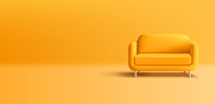 Vector sofá moderno amarillo 3d en un fondo amarillo banner para el interior de la oficina de la casa sala de espera