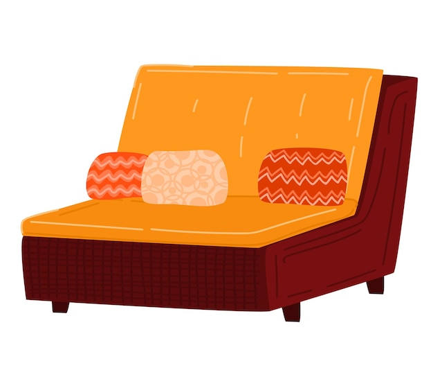 Vector sofá moderno naranja con cojines decorativos, diseño de muebles para sala de estar o salón interior