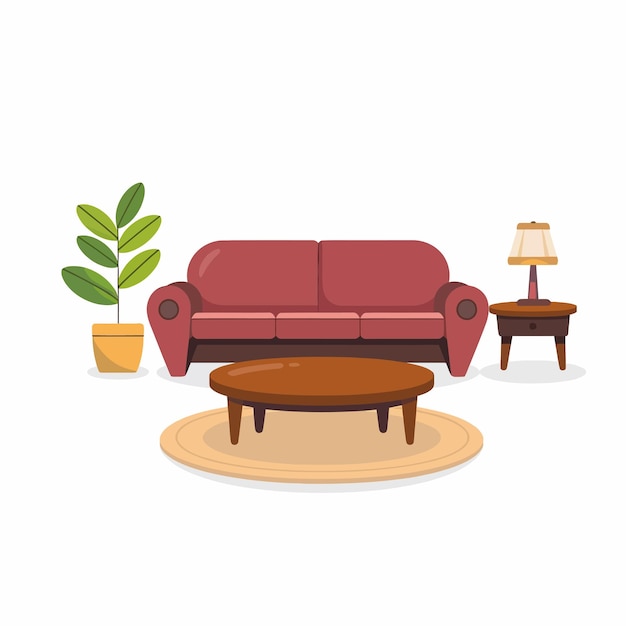un sofá rojo con una mesa de café y una lámpara en ella