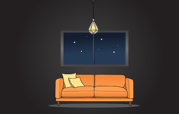 Sofa de sillón acogedora de época en una habitación oscura con la luz de la lámpara de celda y la vista de la ventana nocturna