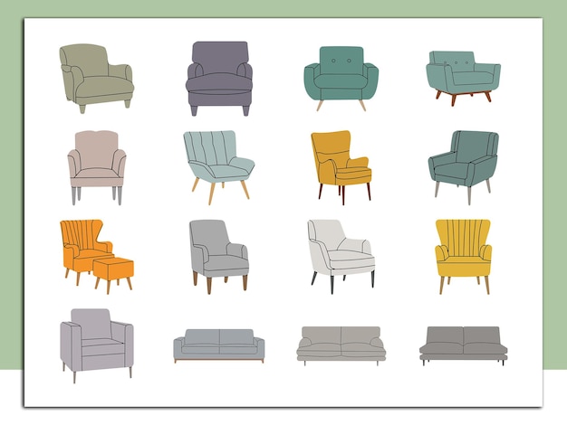 Sofá y sillón colección vectorial de colores muebles interiores modernos sofá cómodo y sofá cama