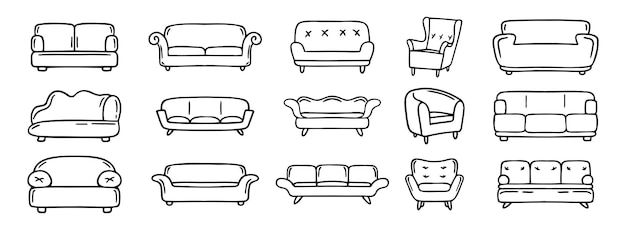 sofá y sillón dibujado a mano conjunto de iconos sofá de lujo para apartamento modelos de sofá de confort dibujo del contorno sofá y silla línea de clipart colección de símbolos