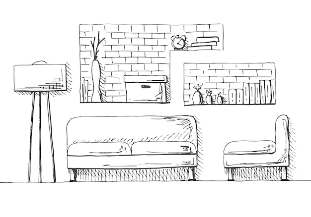 Sofá sillón y lámpara de pie Pared de ladrillo con estantes Ilustración vectorial de un estilo de boceto