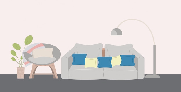 Sofá sillón lámpara y planta de interior moderna sala de estar interior horizontal