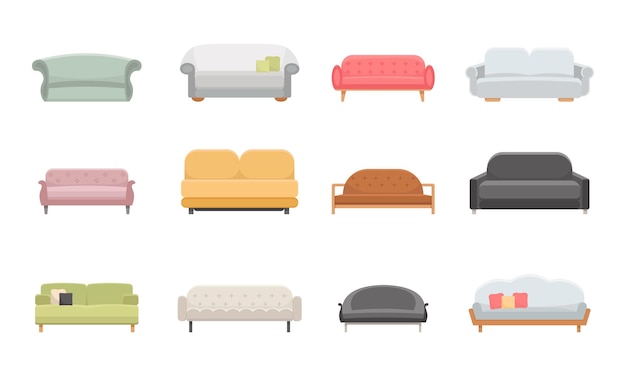 Sofá y sofás muebles conjunto de iconos de vector plano. Estilo de ilustración de dibujos animados.