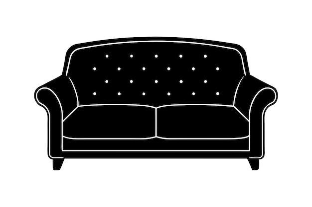Sofa vectorial de silueta negra sofá clásico de dos plazas con respaldo y apoyabrazos enrollados