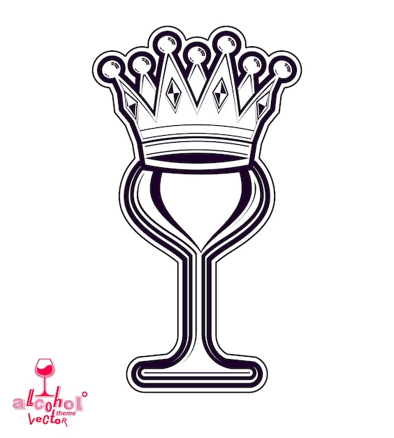 Sofisticada copa de vino de lujo con corona de rey, copa vectorial artística. Copa llena de ilustración de vector de vino tinto, mejor para uso en diseño gráfico.