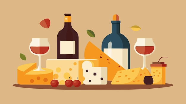 Vector una sofisticada exhibición de quesos artesanales seleccionados a mano y vinos finos curados para proporcionar el
