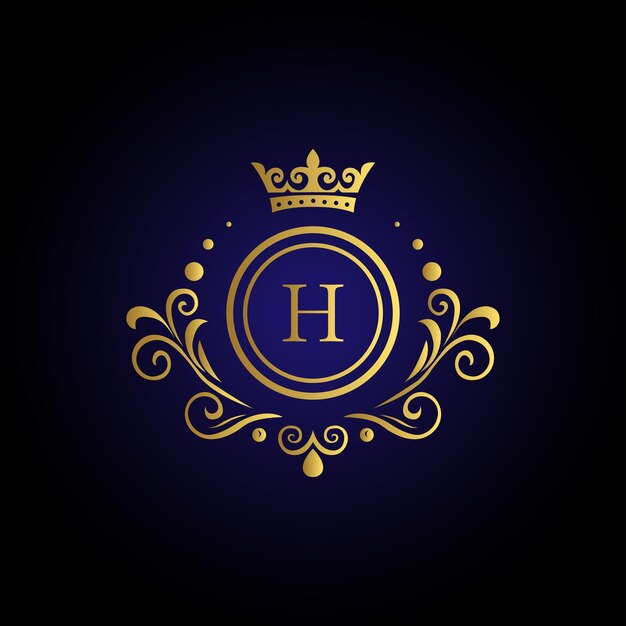 El sofisticado logotipo de la letra H con remolinos de corona dorada y fondo azul