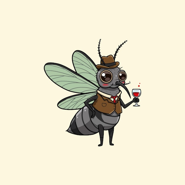Un sofisticado personaje de dibujos animados de mosquitos bebiendo vino