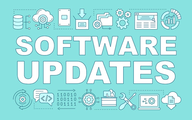 El software actualiza el banner de conceptos de palabra. Programas de computador. Programación del software del sistema CRM. Presentación, sitio web. Idea de tipografía de letras aisladas con iconos lineales. Ilustración de contorno vectorial