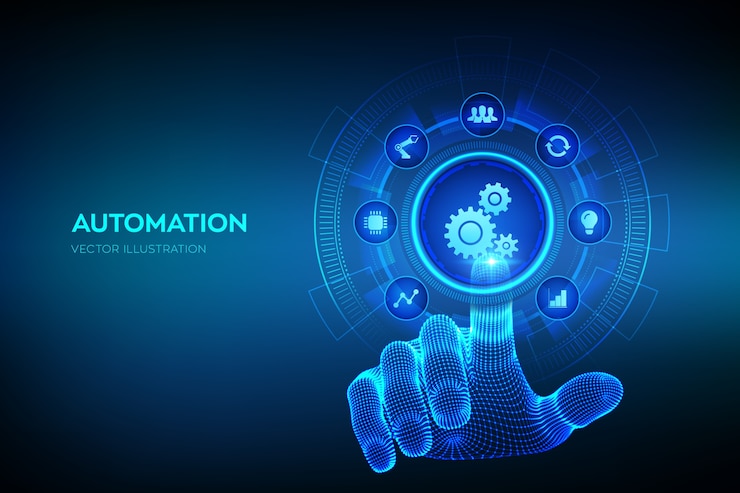Vector software de automatización. concepto iot y automatización. mano de estructura metálica tocando la interfaz digital.