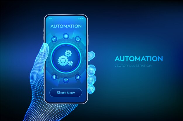 Vector software de automatización. iot y concepto de automatización. closeup smartphone en mano de estructura metálica.