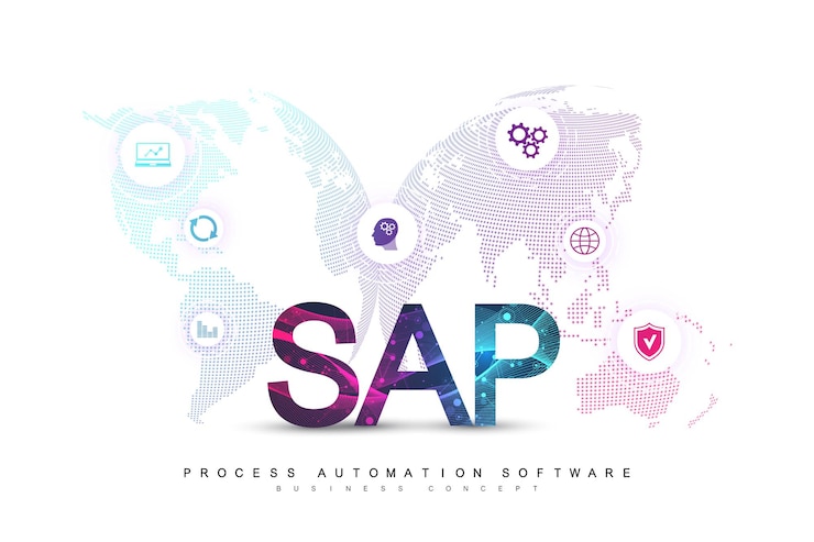 Vector software de automatización de procesos empresariales sap. plantilla de banner de concepto de sistema de planificación de recursos empresariales erp. tecnología futuro concepto de ciencia ficción sap. inteligencia artificial. ilustración vectorial