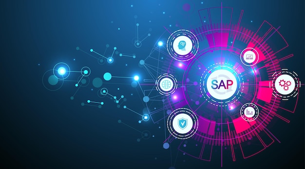 Software de automatización de procesos empresariales sap. plantilla de banner de concepto de sistema de planificación de recursos empresariales erp. tecnología futuro concepto de ciencia ficción sap. inteligencia artificial. ilustración vectorial