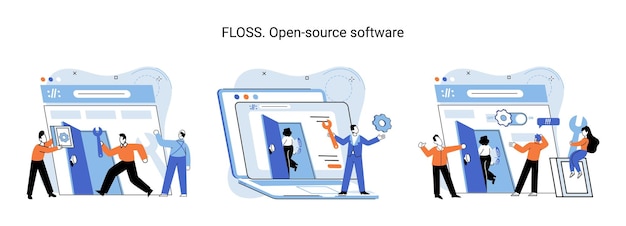 Vector software de código abierto floss código del programa creado abierto disponible para ver modificación uso de código ya creado para crear nuevas versiones de programas para corregir errores refinamiento del programa abierto