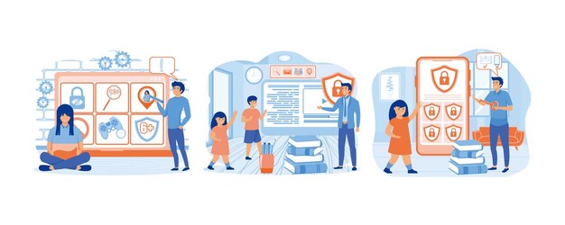 Software de control parental Papá proporciona internet seguro para niños gadgets para niños y prohibición de redes sociales conjunto de vector plano ilustración moderna