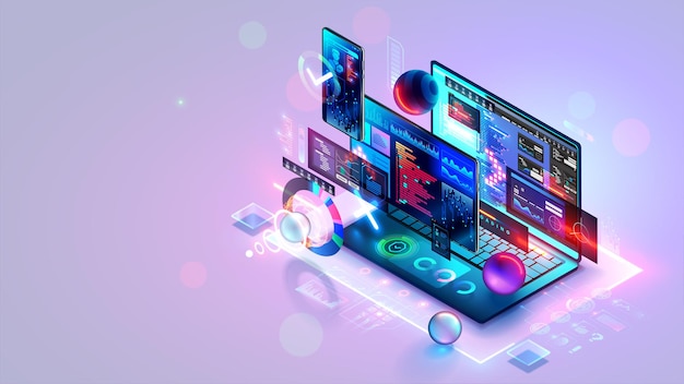 Software develop web design coding isometric concept banner Computer technology for creat software code programs of mobile cross platform app Digital technology of Internet software development