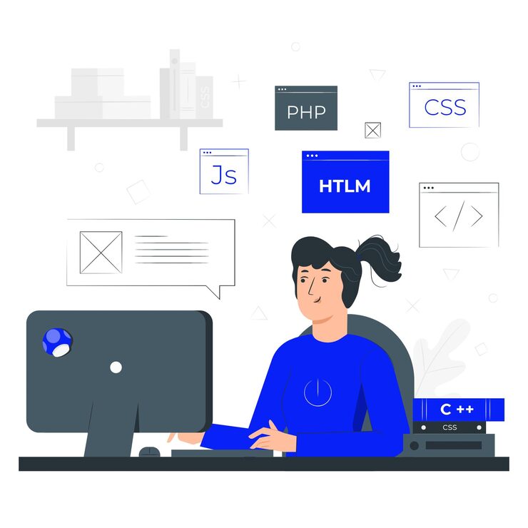 Vector software developer at work with coding languages and computer