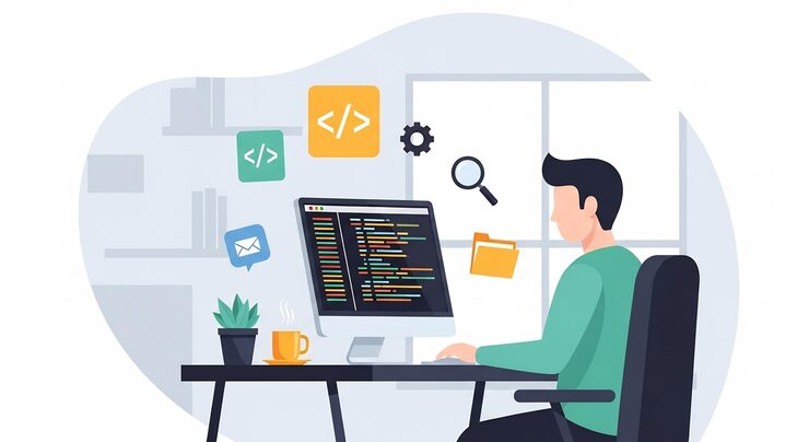 Vector software developer coding at desk with programming icons
