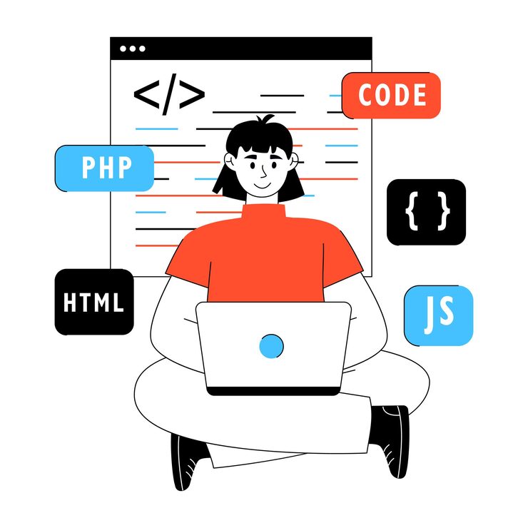 Vector software developer coding on laptop with web programming languages