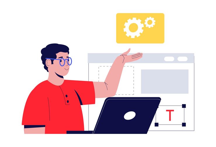 Vector software developer is working on a web development project using his laptop managing settings such as gears and text using a software and pointing at the screen