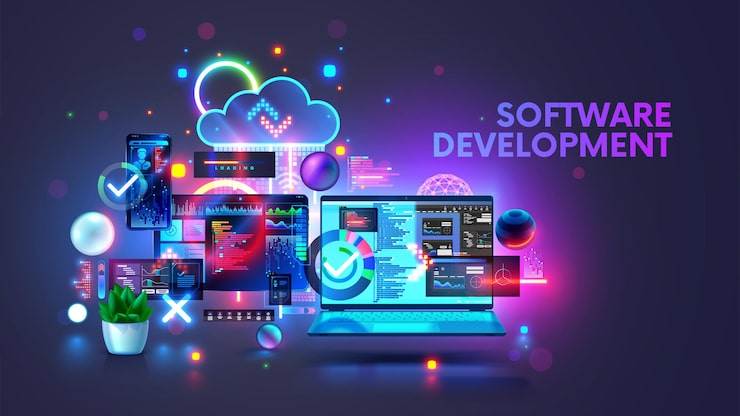 Software development coding process concept Programming testing cross platform code app on laptop tablet phone Coding editing software desktop mobile devices Technology software of business