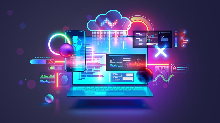 Vector software development concept laptop with open screen hanging over desk coding or programming software and computer applications concept development interface of program for laptop and mobile phone