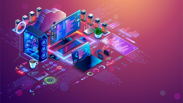 Software development isometric concept Web design develop app of different devices Create programm of laptop PC mobile phone Technology process of Software develop Computer tech illustration