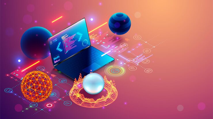 Vector software development programming coding software testing on laptop abstract program code on computer screen laptop icons of computer tech digital computer technology isometric concept