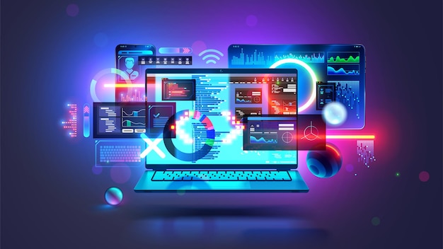 Software development technology App programming on laptop for mobile phone tablet Program code interface dev on screen laptop phone tablet Software developer laptop connected with phone tablet