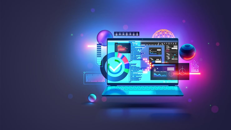 Vector software development technology web design programming coding concept program code on screen laptop code of program data interface elements on screen laptop software development tech concept