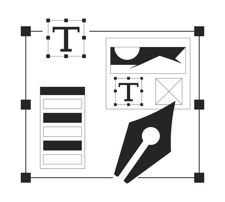 Vector software de diseño gráfico objeto vectorial aislado monocromático plano paleta de colores de texto y punta de lápiz dibujo de arte lineal en blanco y negro editable ilustración de contorno simple para diseño gráfico web