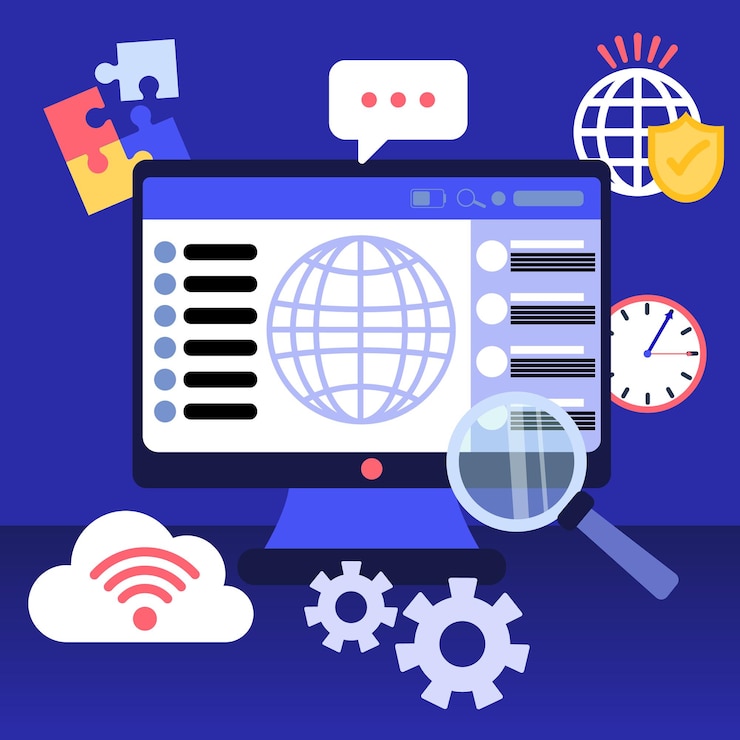 Vector software de gestión empresarial global que muestra el análisis de datos y la planificación de proyectos
