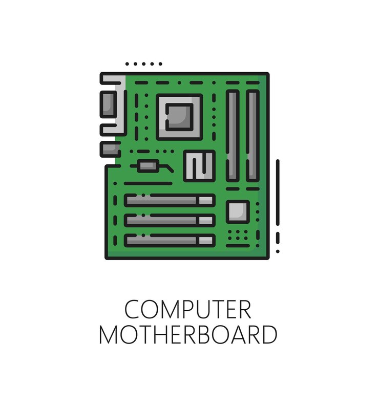 Vector el software de la placa base de la computadora tiene un icono de línea delgada de color