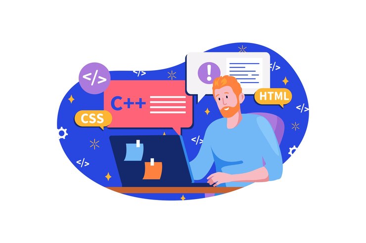 Vector software de programación concepto azul con escena de personas en el diseño de dibujos animados planos trabajo de programador