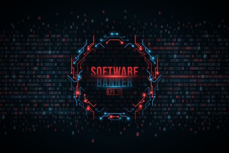 Vector software programming binary code and computer circuit board banner, cyber security.