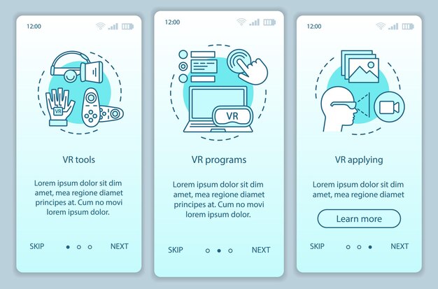 Software de realidad virtual que incorpora la pantalla de la página de la aplicación móvil con conceptos lineales. Herramientas de realidad virtual, software, aplicación, dispositivos paso a paso instrucciones gráficas. UX, UI, plantilla vectorial GUI con ilustraciones