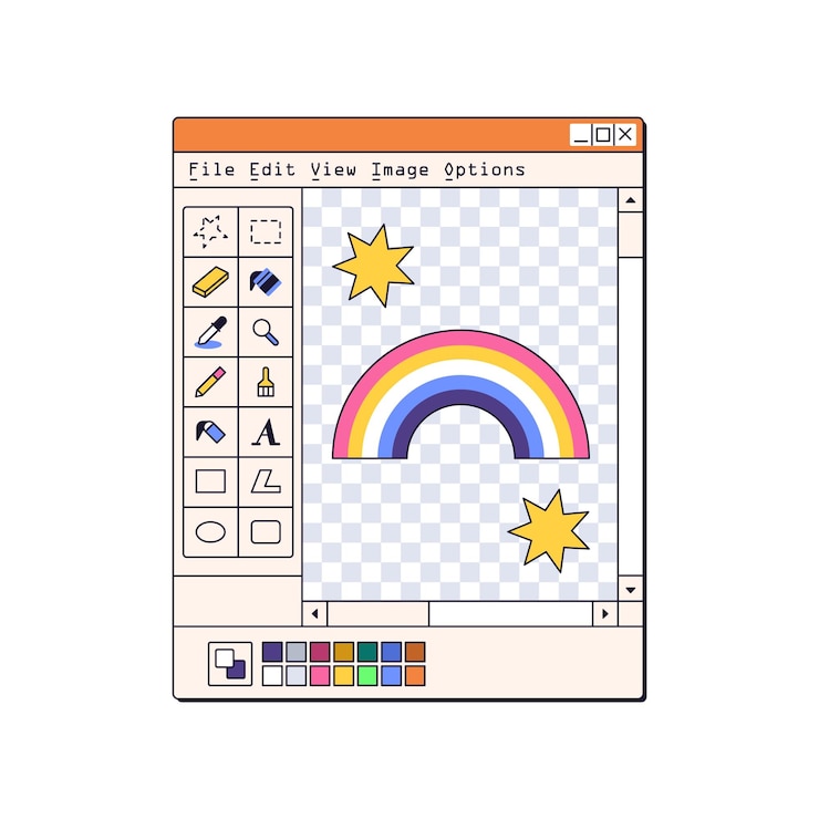Vector software retro, interfaz de ventana de pintura en estilo vaporwave de los años 90. pintura digital, dibujo, herramienta gráfica, interfaz de usuario de programa en la estética nostálgica de los años 90. ilustración vectorial plana aislada en fondo blanco.
