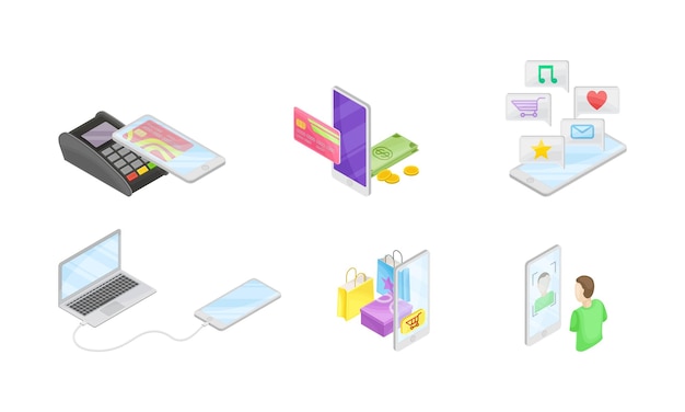 Software para teléfonos inteligentes con conjunto isométrico vectorial de aplicaciones de compras en línea