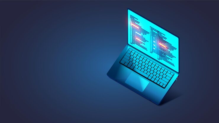 Vector software web development programming concept abstract programming language and program code on screen laptop in isometric laptop on a stand for programming coding software development in dark