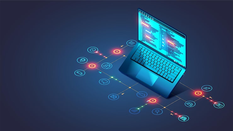 Vector software web development programming concept abstract programming language and program code on screen laptop laptop and icons of programming process technology process of software development