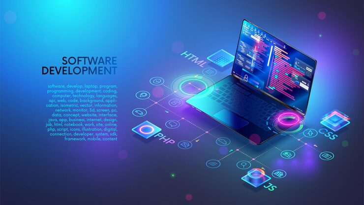 Vector software web development programming concept programming languages program code on screen laptop laptop computer icons technology of software development programming coding on laptop