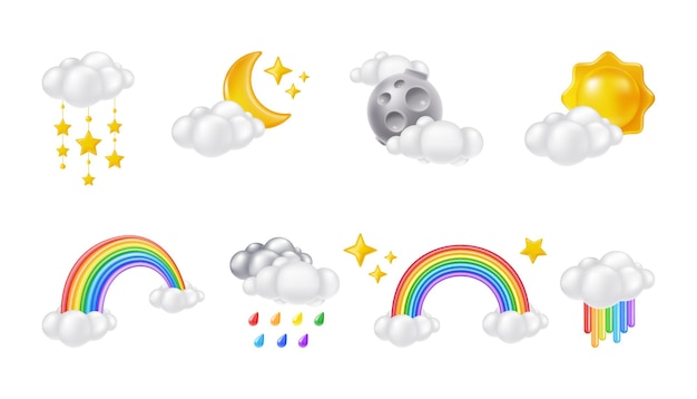 Sol 3D Nubes con arco iris y gotas de lluvia Mañana día de verano Cielo precipitación Render cumulus Previsión meteorológica Media luna y estrellas Elementos del tiempo conjunto Vector clip de dibujos animados