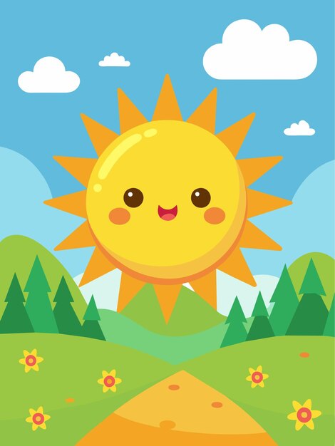 Vector el sol adorable y las nubes esponjosas adornan un paisaje encantador que evoca una sensación de alegría y tranquilidad