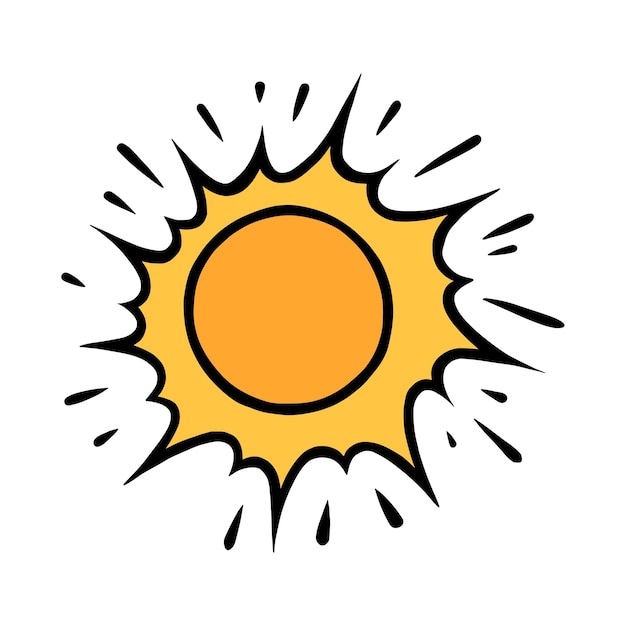 Sol amarillo dibujado a mano Sol brillante con rayos en estilo garabato Vector blanco y negro