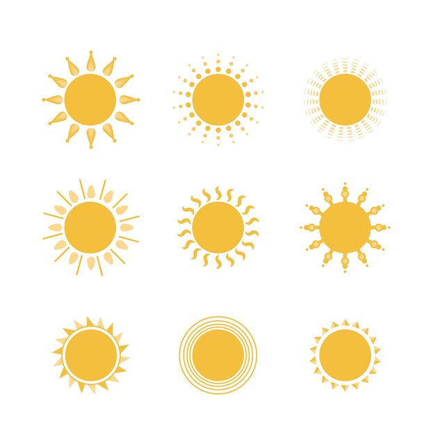 Sol amarillo de dibujos animados vectoriales Rayos de luz brillantes para calentar el verano Aislado sobre fondo blanco