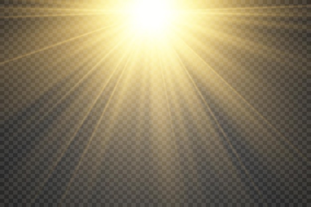 Sol amarillo con rayos y resplandor. Hermosa estrella brillante.