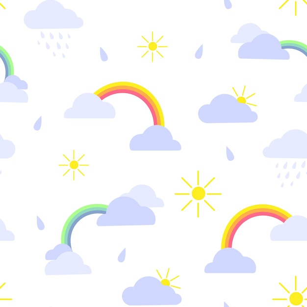 Sol arco iris y nubes en un fondo blanco Patrón vectorial sin costuras