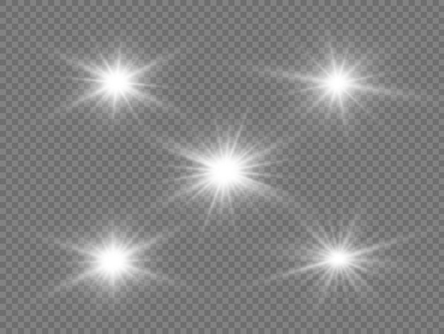 El sol blanco brilla Destello brillante Destello de iluminación Establecer efecto de luz brillante Chispas de estrellas brillantes Vector